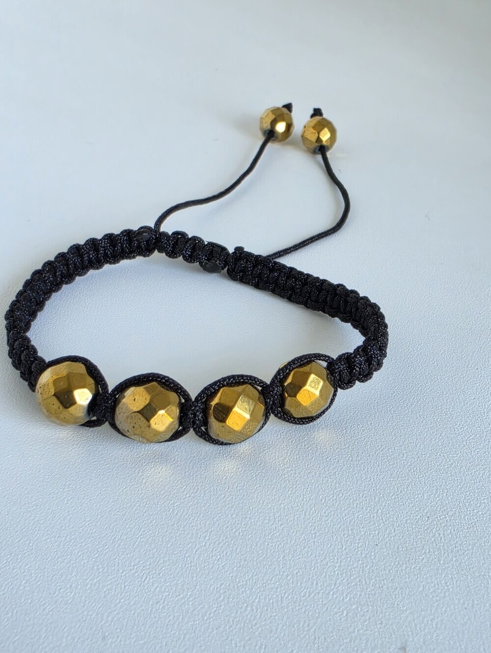 Handmade Adjustable Black Macrame Bracelet Gold Tone Faceted Hematite Beads
